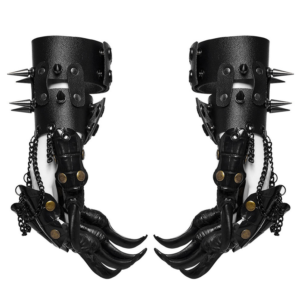 Fierce black faux leather punk claw gloves with spikes and chains for a bold rockstar look.