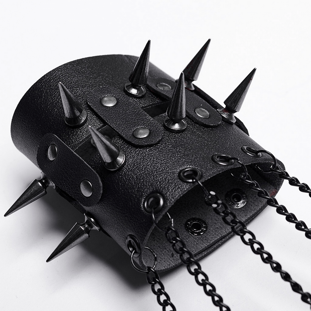 Fierce black faux leather punk claw gloves with spikes and chains for a rockstar look.
