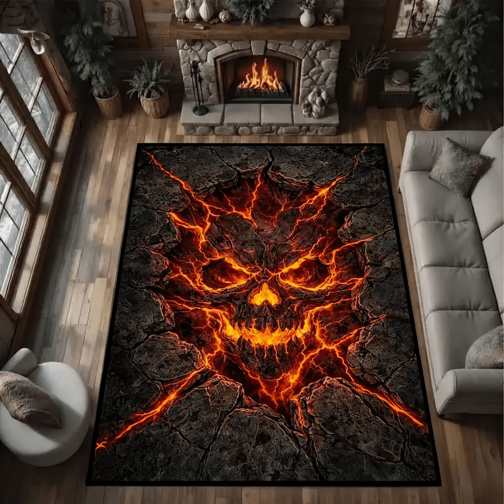 Alfombra de Área con Calavera Ardiente para Interiores Góticos y Oscuros