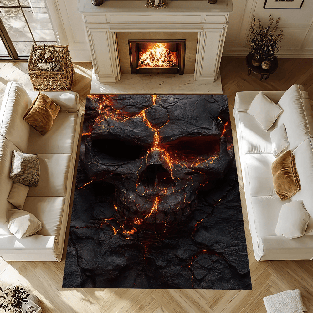 Alfombra de Área con Calavera Ardiente para Interiores Góticos y Oscuros