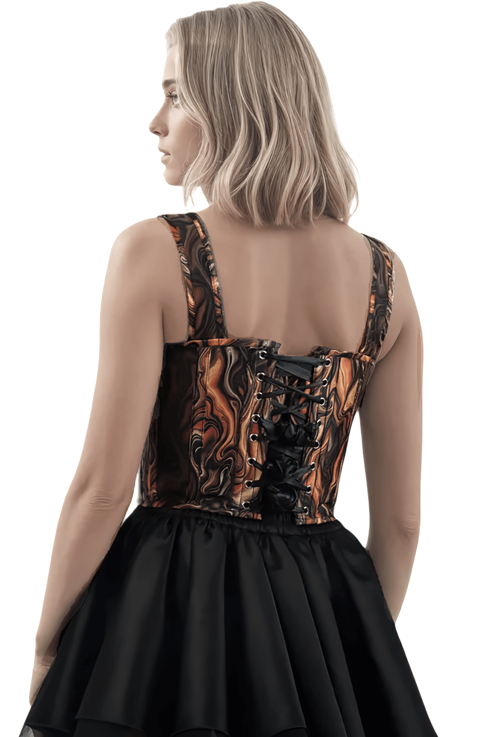 Fiery Tone Corset Top with Digital Print and Steel Boning featuring back lacing and molten-inspired patterns.