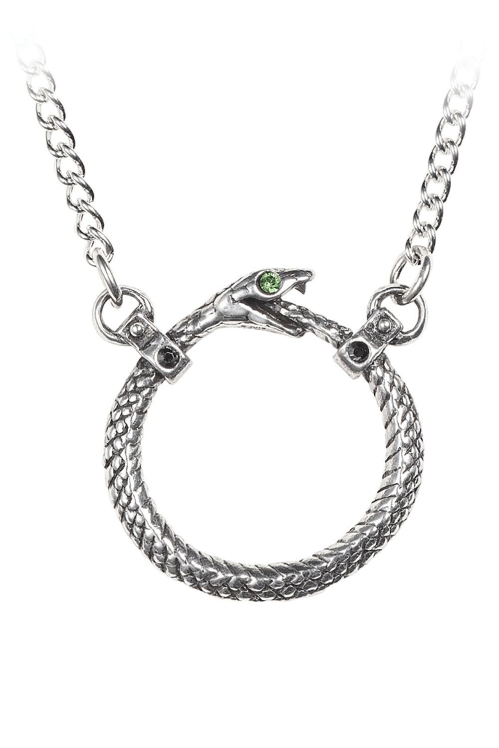 Fine pewter serpent ouroboros necklace with green Austrian crystal, symbolizing eternity and mysticism.