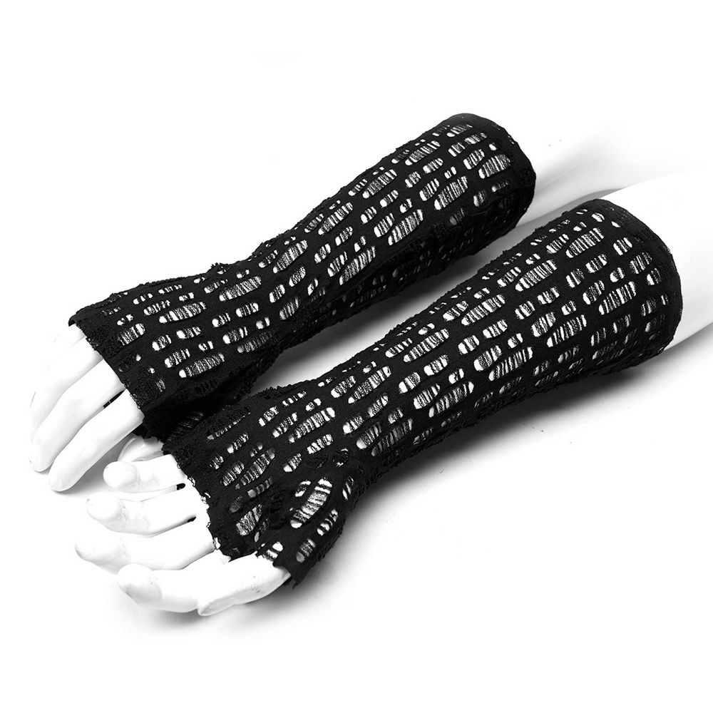 Edgy fingerless mesh gloves in gothic style, showcasing intricate fishnet design for a touch of darkness.