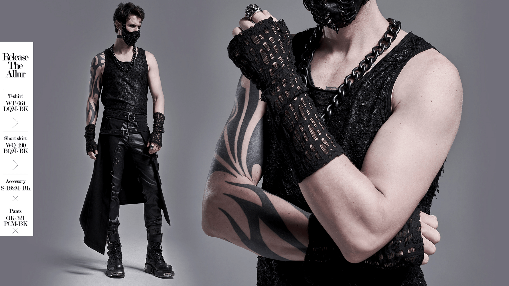Model showcasing gothic fingerless long gloves with edgy mesh design, exuding a stylish and mysterious vibe.