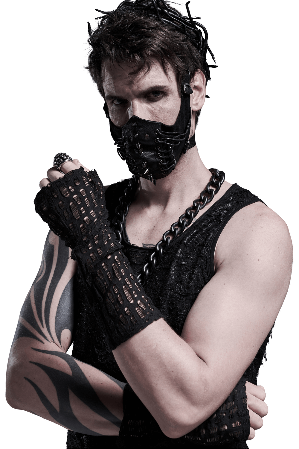 Model showcasing fingerless gothic gloves and mask, embodying edgy gothic elegance in a stylish pose.