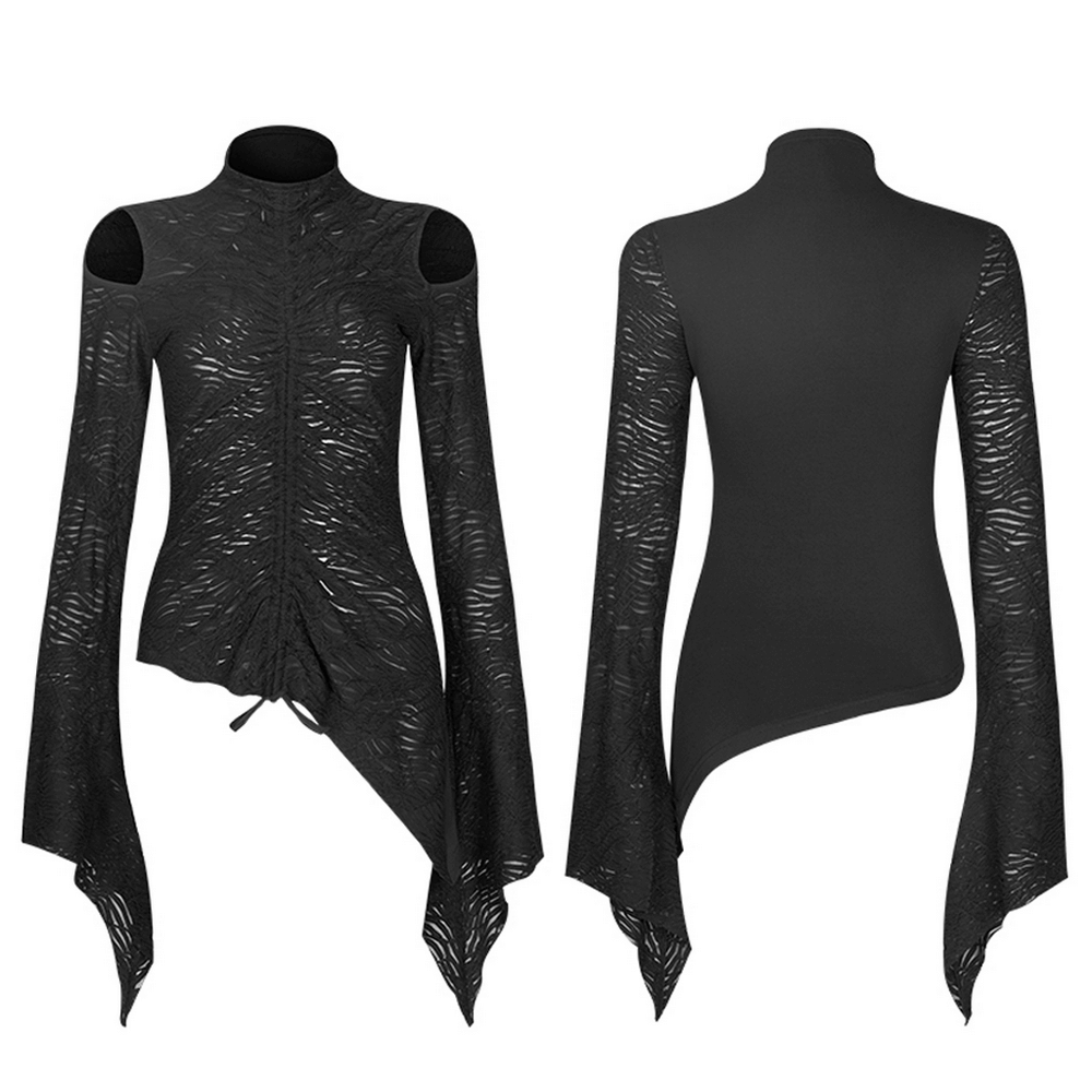 Fitted Gothic Drawstring Textured Long Sleeves Top - HARD'N'HEAVY