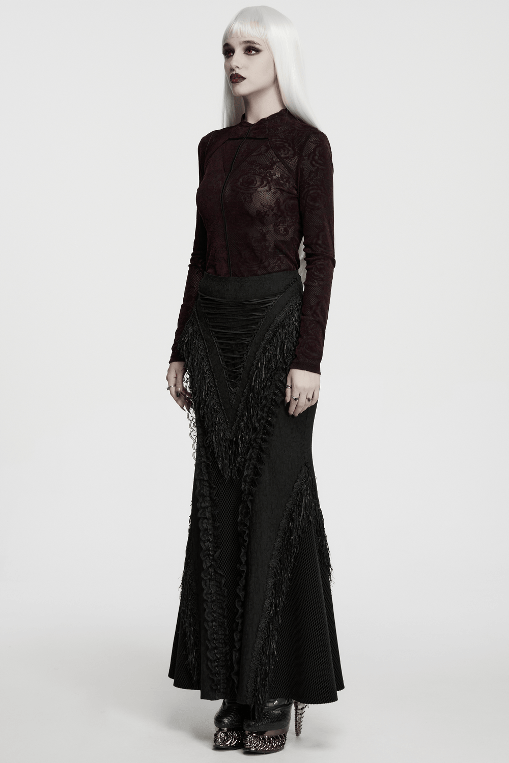 Fitted Gothic Rose Mesh Top with High Neck Detail