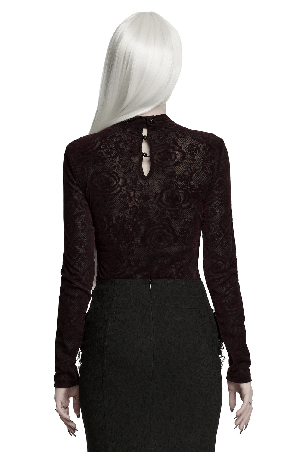 Fitted Gothic Rose Mesh Top with High Neck Detail