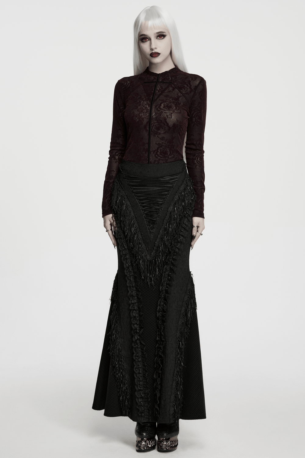 Fitted Gothic Rose Mesh Top with High Neck Detail