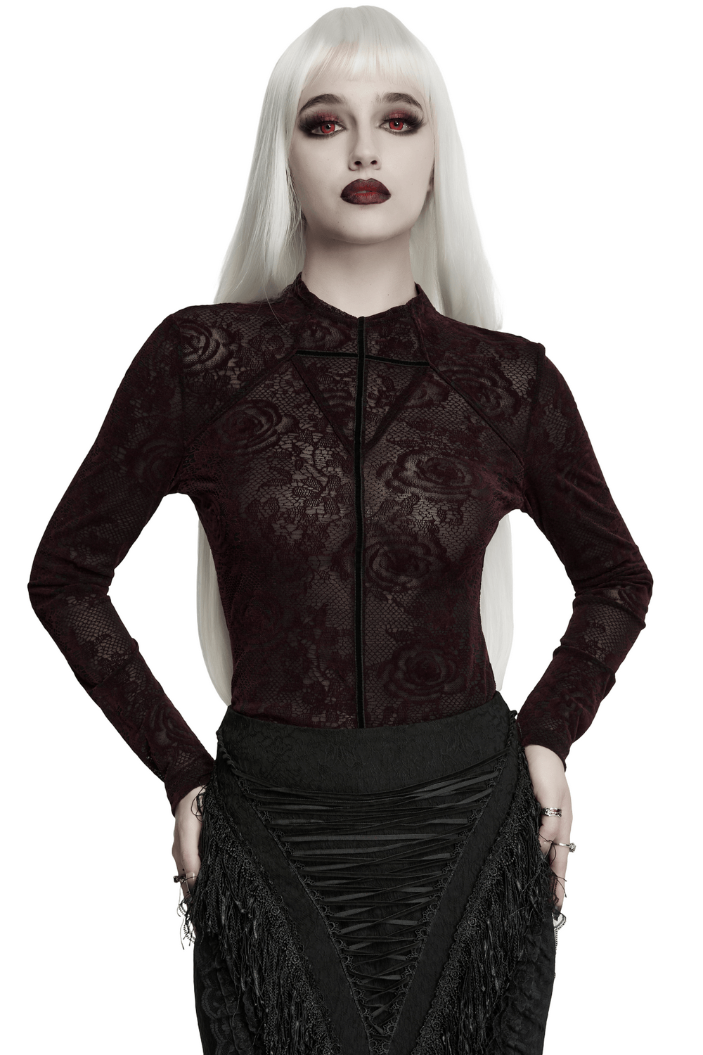 Fitted Gothic Rose Mesh Top with High Neck Detail