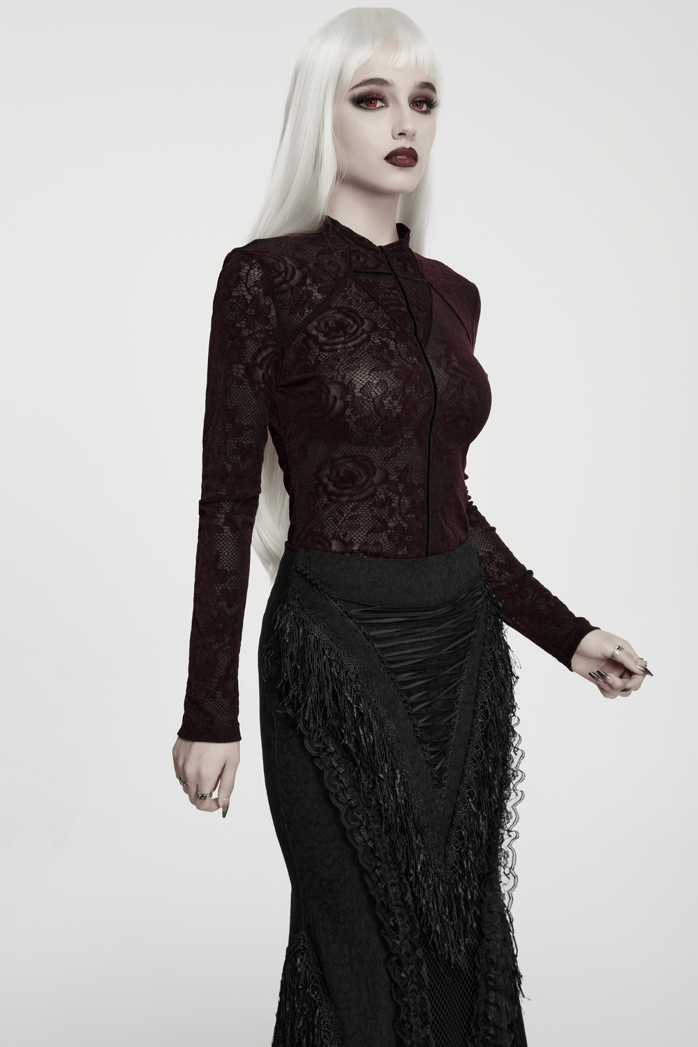 Fitted Gothic Rose Mesh Top with High Neck Detail