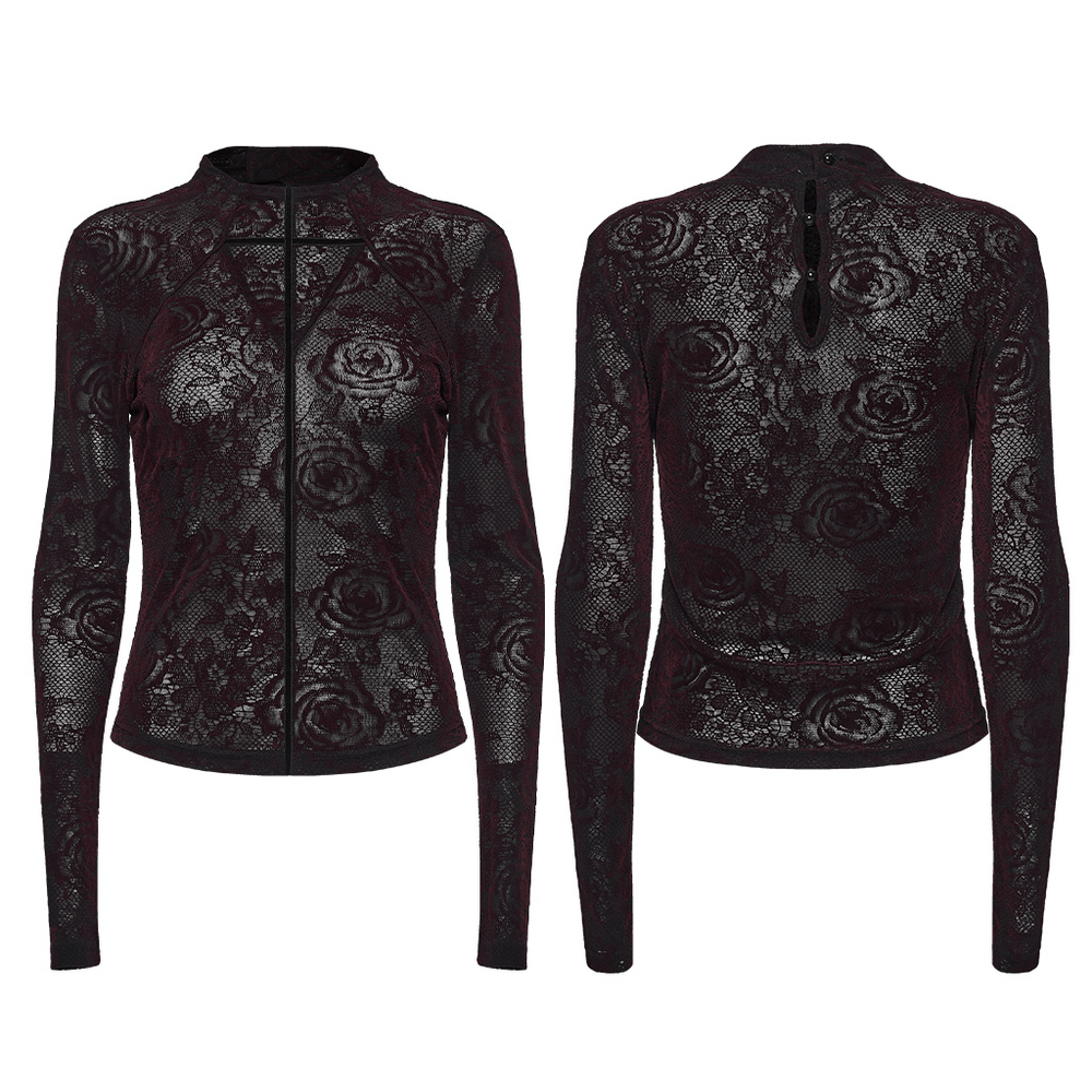 Fitted Gothic Rose Mesh Top with High Neck Detail