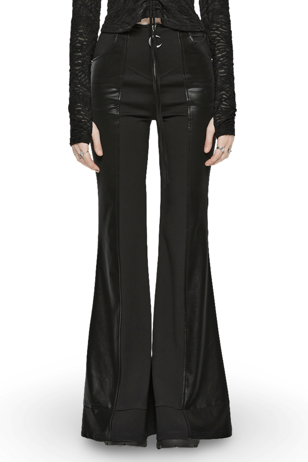 High-waisted black flare pants with punk details and front zipper, perfect for a gothic night out.