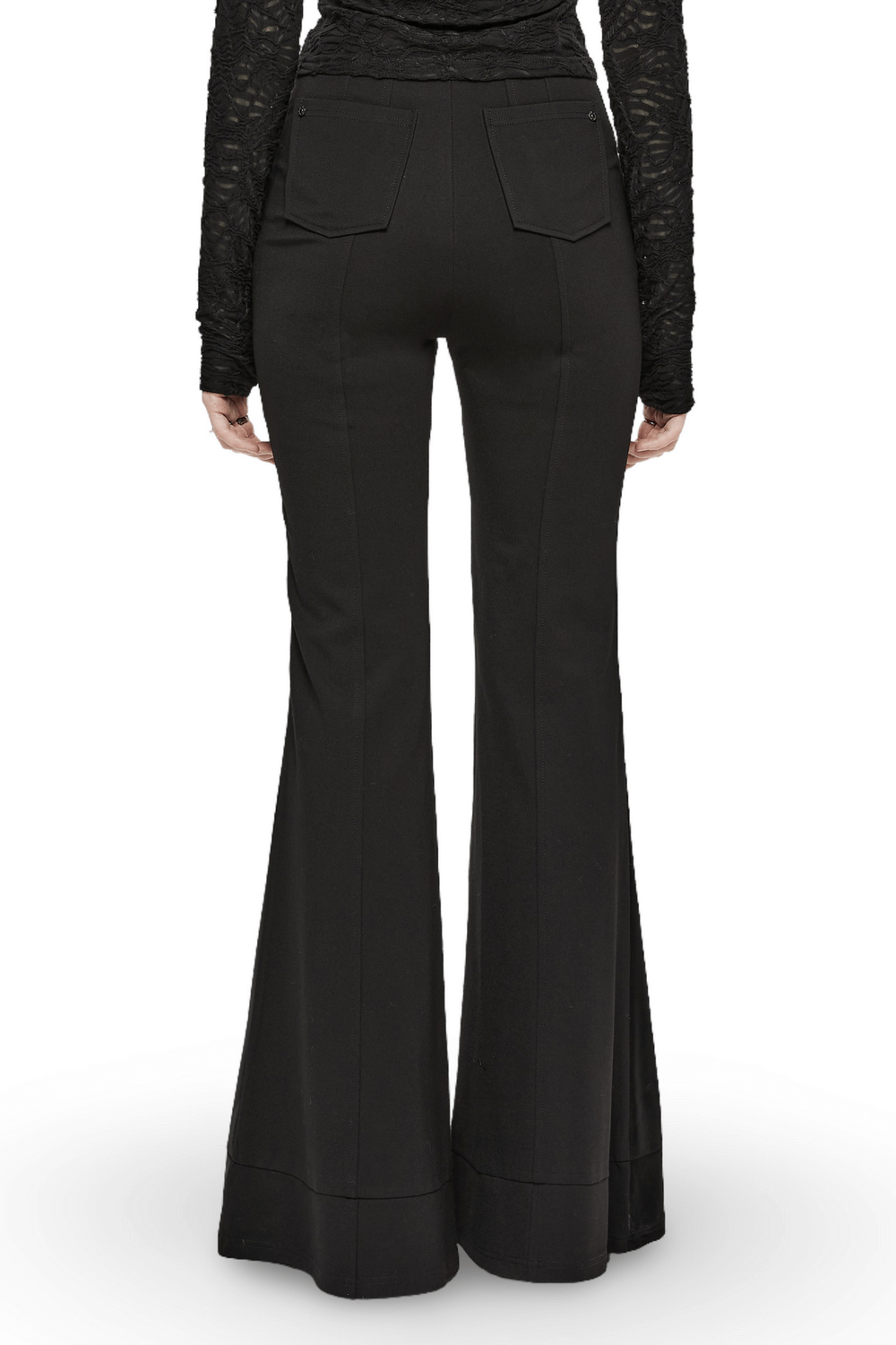 Back view of gothic high-waisted flare pants with edgy details and sleek black fabric.