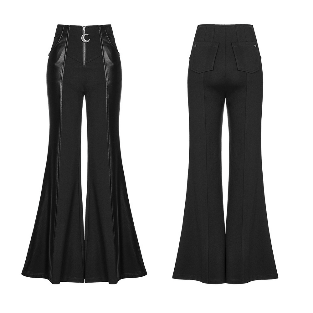 High-waisted flare pants with punk details and zippered front for a gothic chic look.