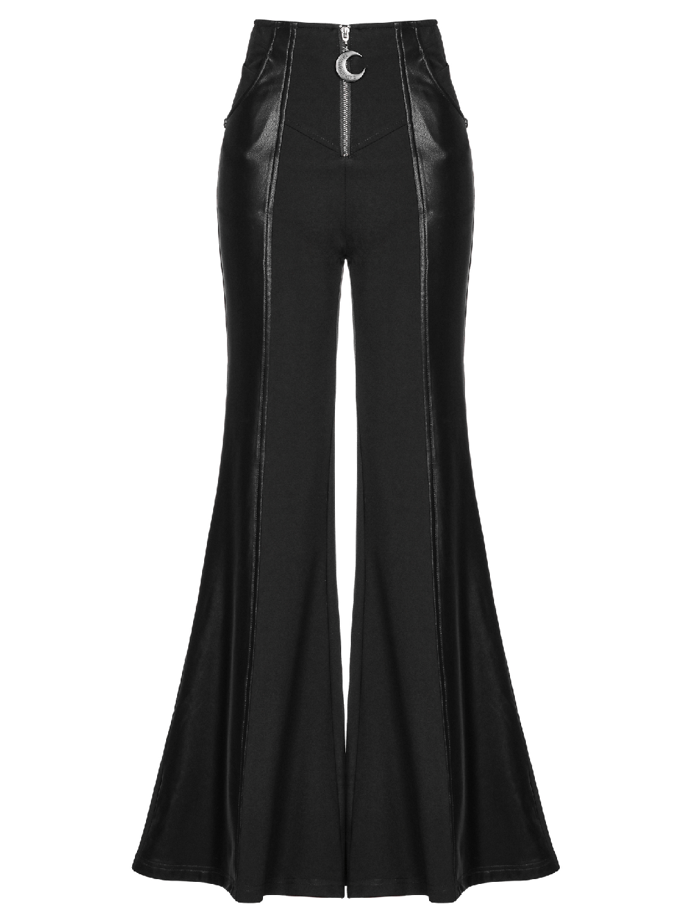 High-waisted black flare pants with punk details and crescent pendant decoration, perfect for a gothic night out.