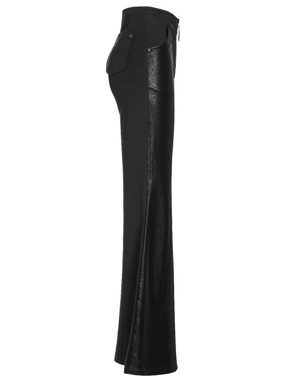 High-waisted black flare pants with punk details, perfect for a gothic night out.