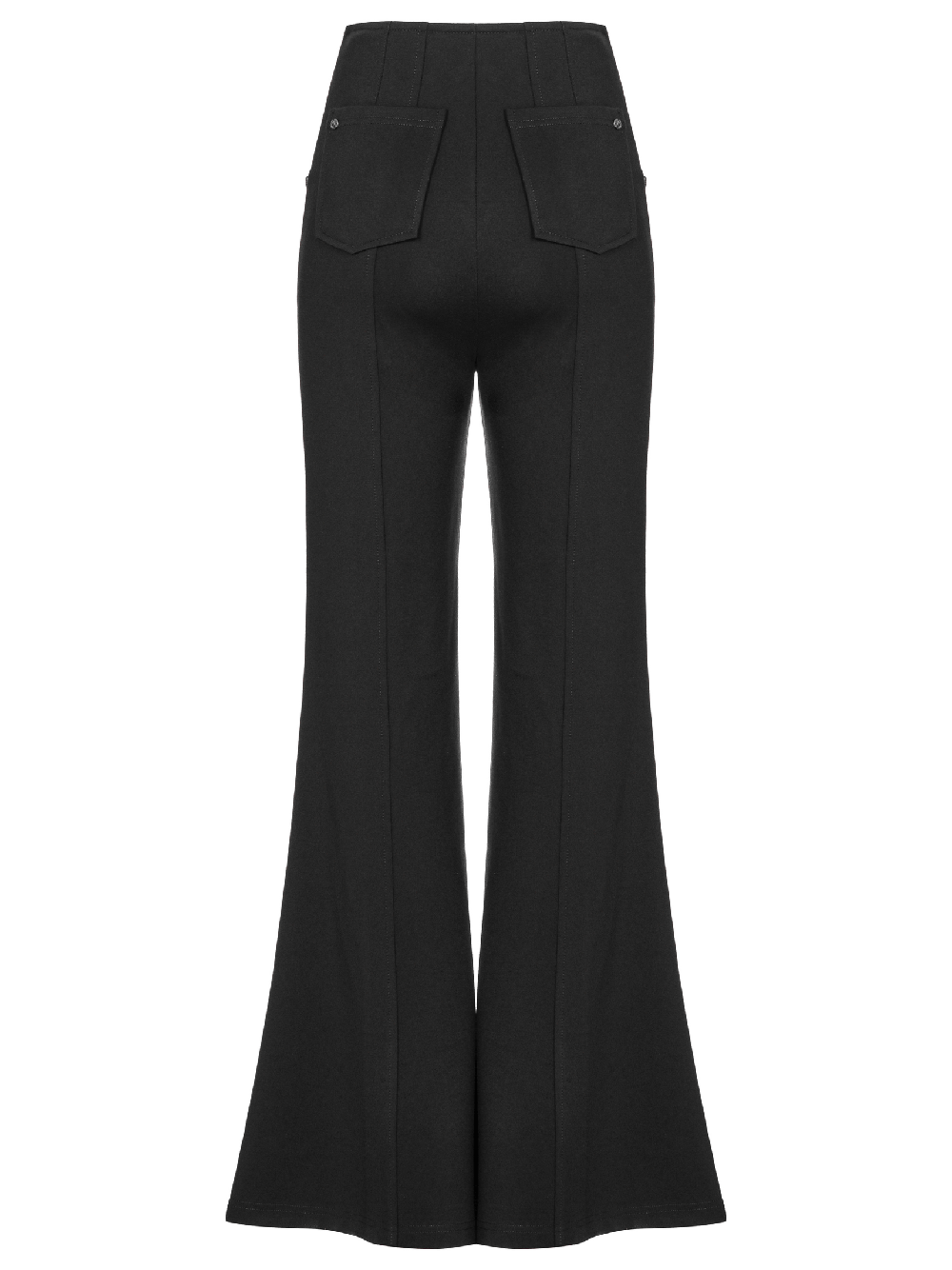 Back view of high waist flare pants in sleek black, featuring bold seams and stylish pockets for an edgy look.