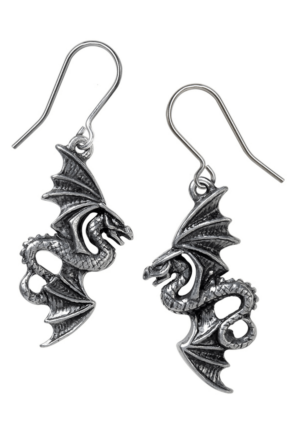Flight of Airus dragon dropper earrings with detailed wings and tail, inspired by mythical legends.