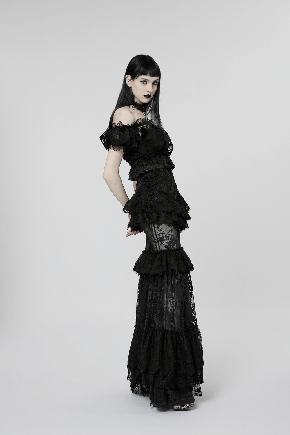 Flocked Mesh Gothic Crop Top with Lace and Bubble Sleeves - HARD'N'HEAVY