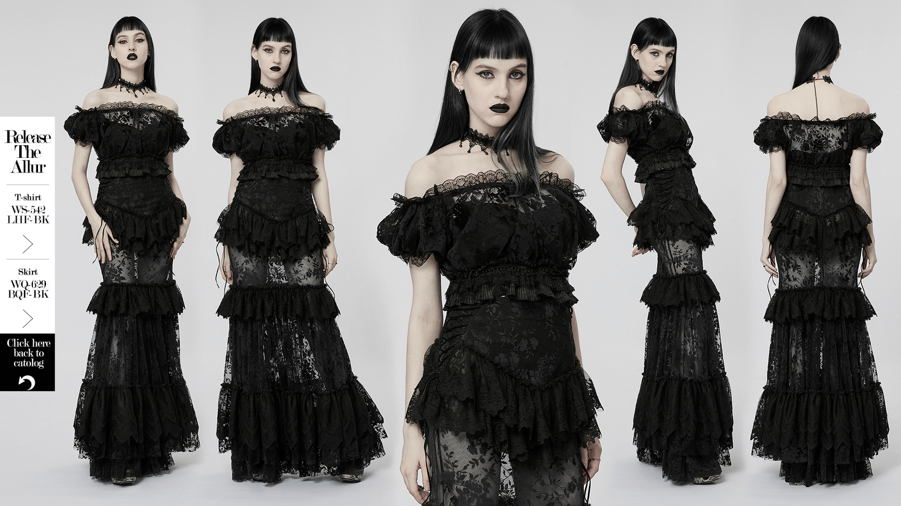 Chic gothic off-shoulder black lace dress with ruffles for a dramatic flair and elegant silhouette.