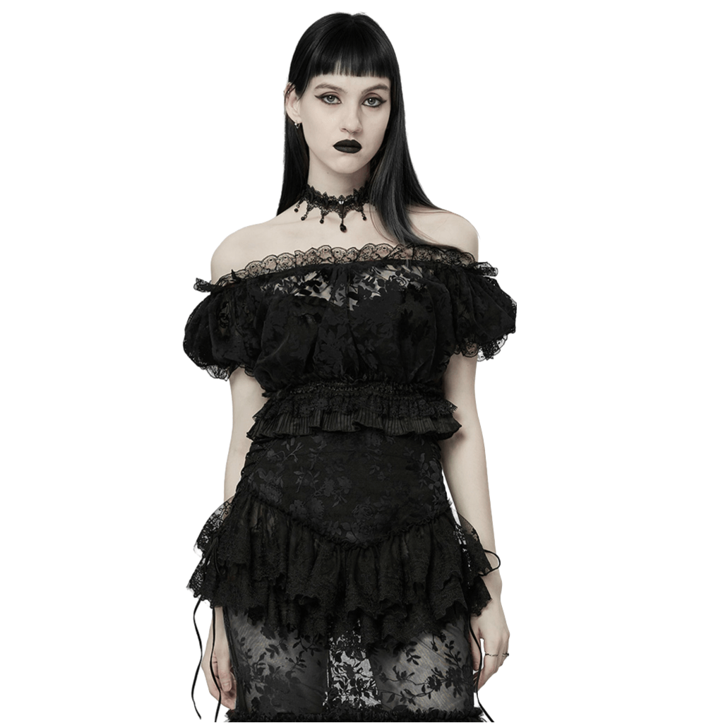 Gothic black off-shoulder crop top with lace detailing, featuring ruffles and a fitted silhouette for a chic, elegant look.