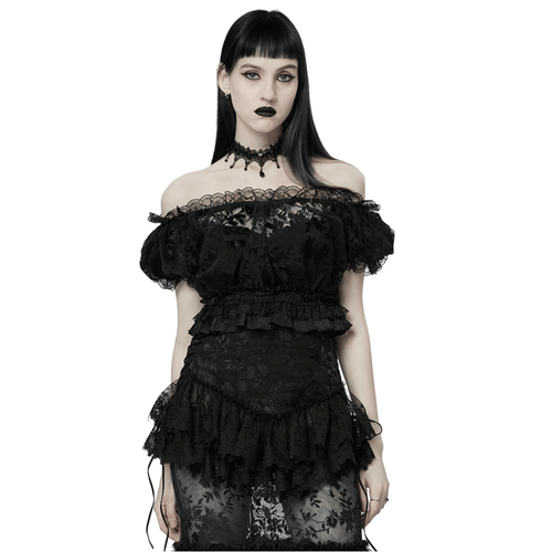 Gothic-Crop-Top aus beflocktem Mesh mit Spitze und Ballonärmeln