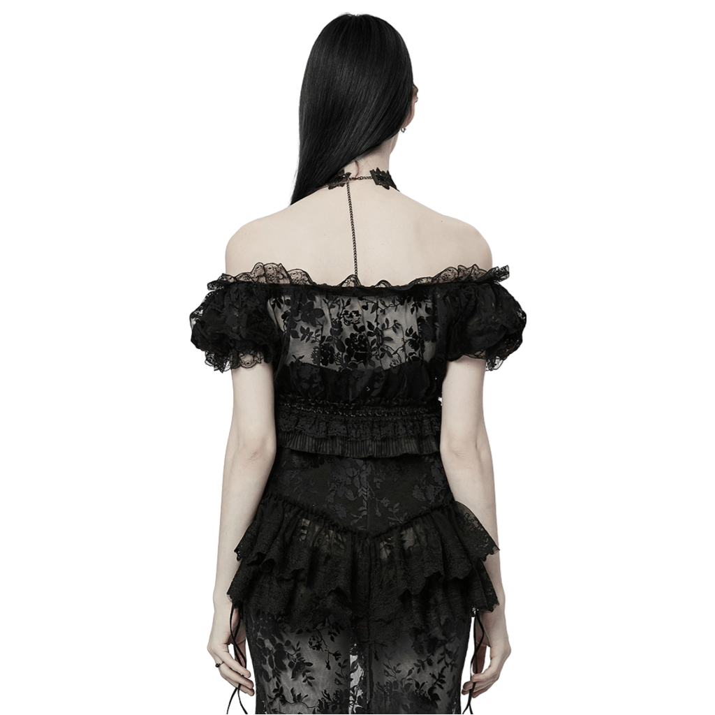 Back view of a chic black flocked mesh gothic crop top with lace and bubble sleeves, showcasing its elegant design.