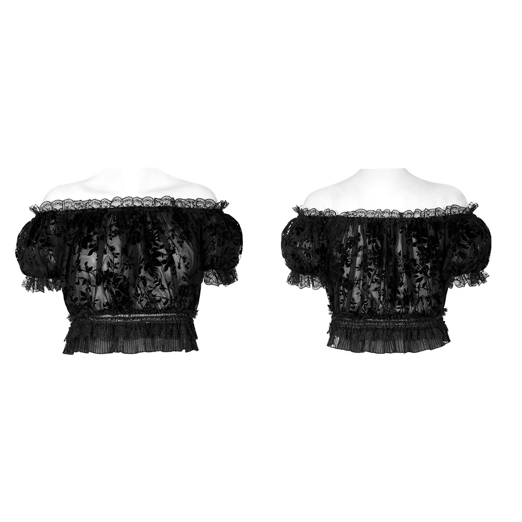 Flocked mesh gothic crop top with lace and bubble sleeves in black, showcasing elegant and sexy style.