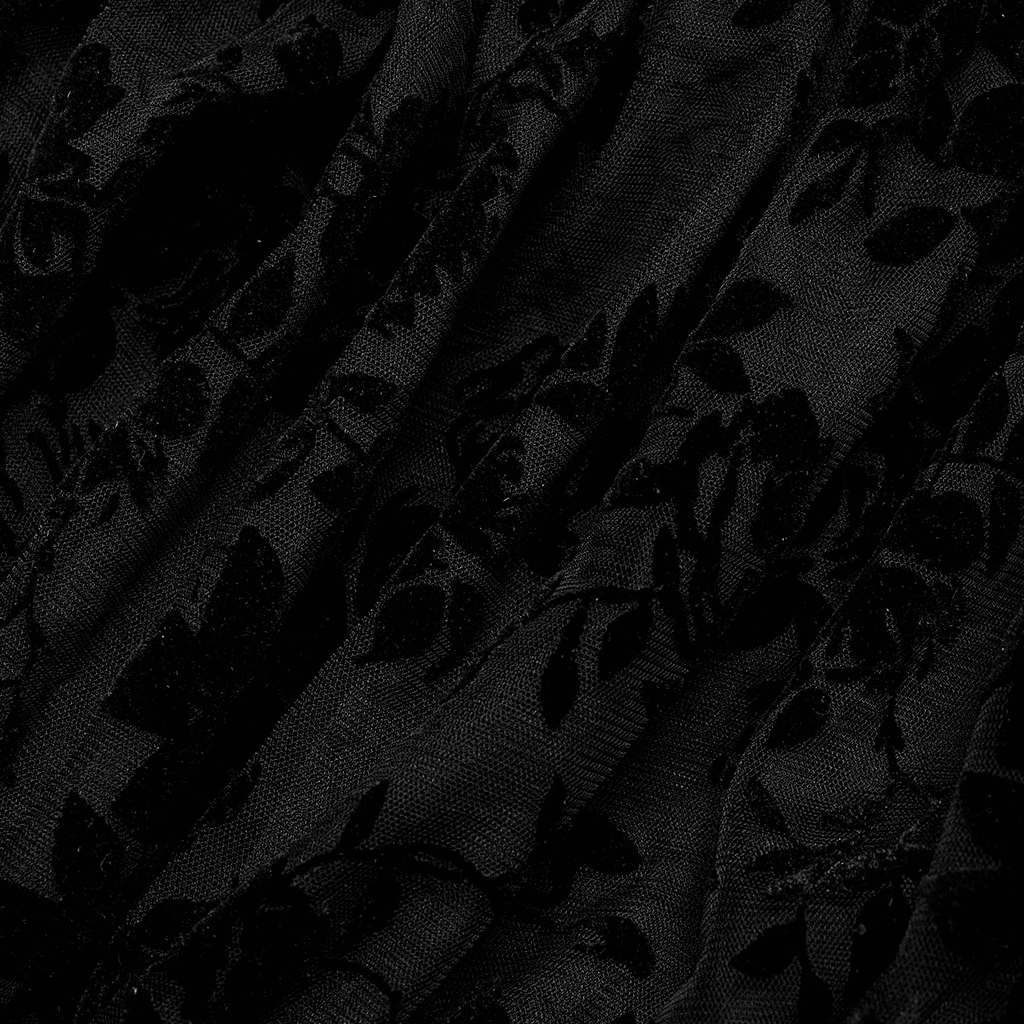 Close-up of luxurious black flocked mesh fabric with floral pattern, perfect for gothic-inspired fashion.