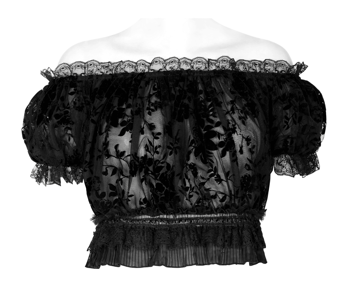 Flocked mesh gothic crop top with lace edges and bubble sleeves for chic elegance.