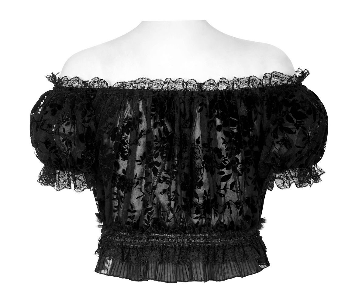 Back view of a chic black gothic crop top with lace trim and bubble sleeves, perfect for versatile style.