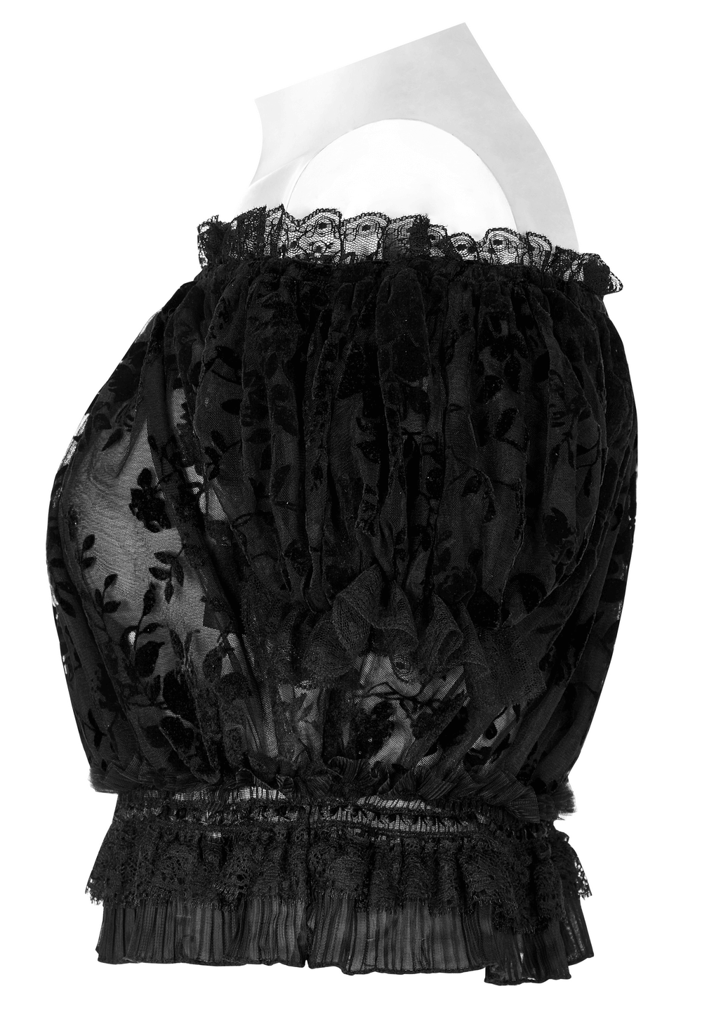 Chic black flocked mesh crop top with lace trim and bubble sleeves, perfect for gothic elegance and versatile styling.