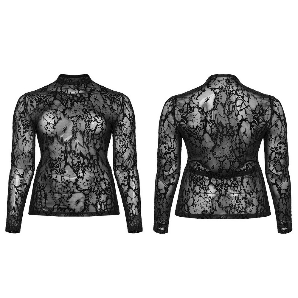 Floral flocked mesh long sleeve top in black, showcasing gothic elegance and a slim silhouette, perfect for chic styles.