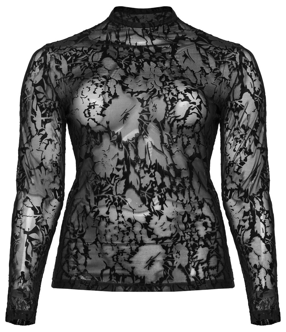 Floral Flocked Mesh Long Sleeve Top in black featuring gothic charm for a chic and elegant silhouette.