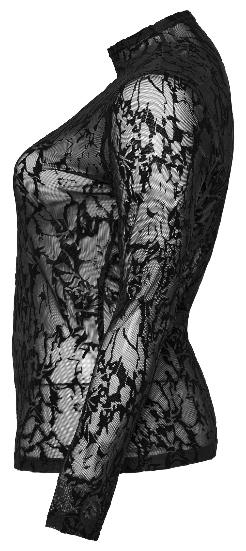 Elegant floral flocked mesh long sleeve top in black, showcasing a chic goth design and flattering silhouette.