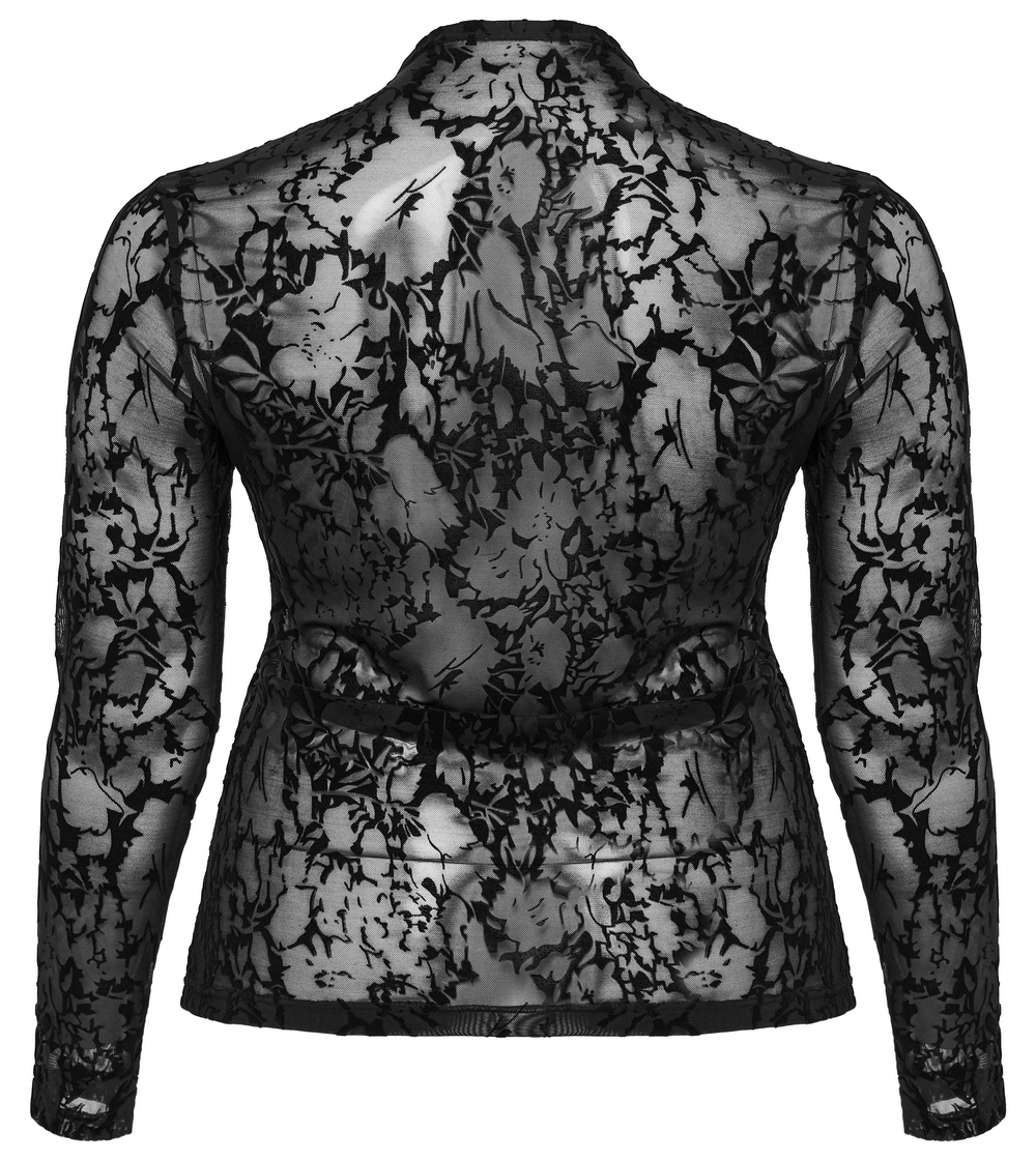 Floral Flocked Mesh Long Sleeve Top in black, showcasing gothic elegance with a stylish slim silhouette.