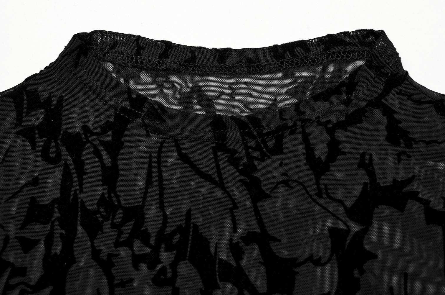 Close-up of the neckline on a black floral flocked mesh top showcasing gothic elegance.