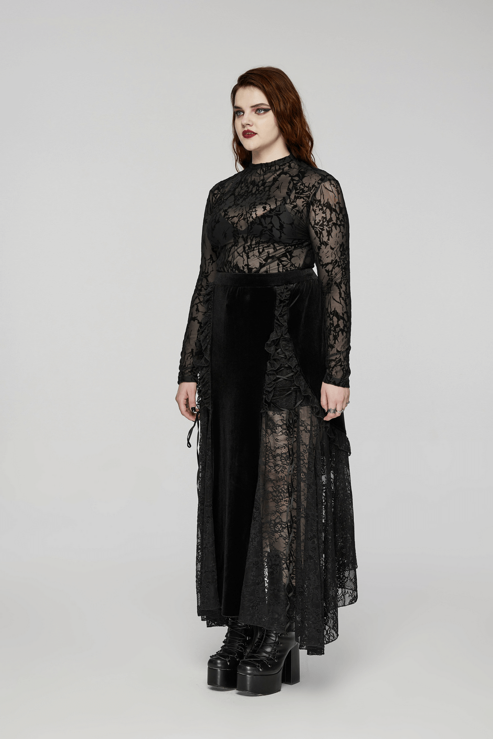 Gothic floral flocked mesh long sleeve top with elegant layering, perfect for a chic and edgy style.