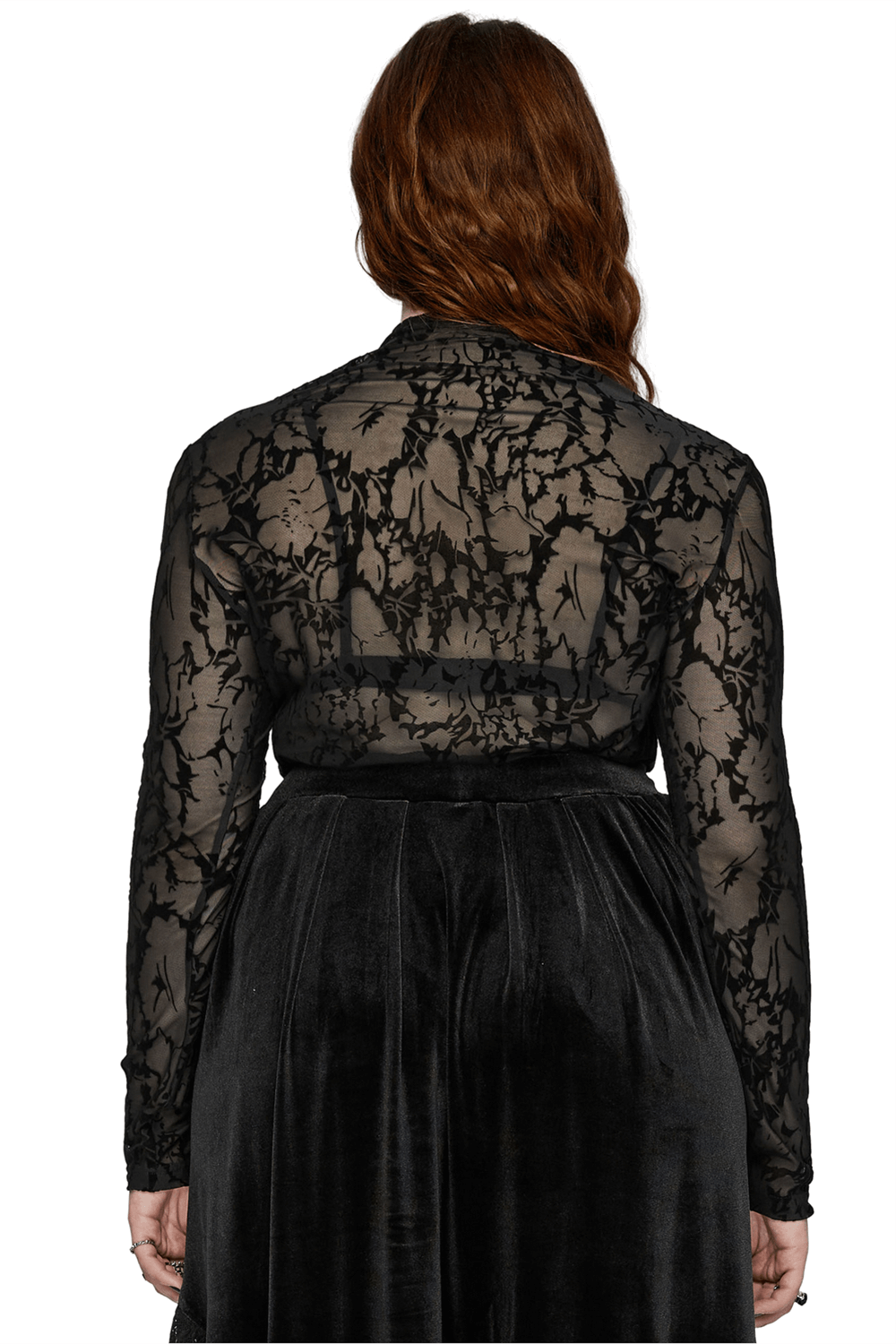 Back view of stylish Floral Flocked Mesh Long Sleeve Top showcasing gothic elegance and unique design.