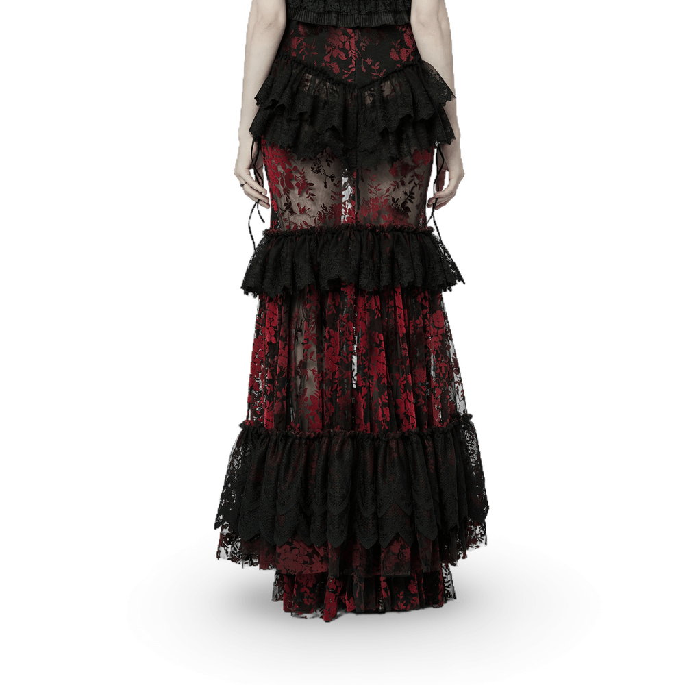 Back view of a floral gothic layered lace fishtail skirt for women, showcasing rich red and black fabric details.