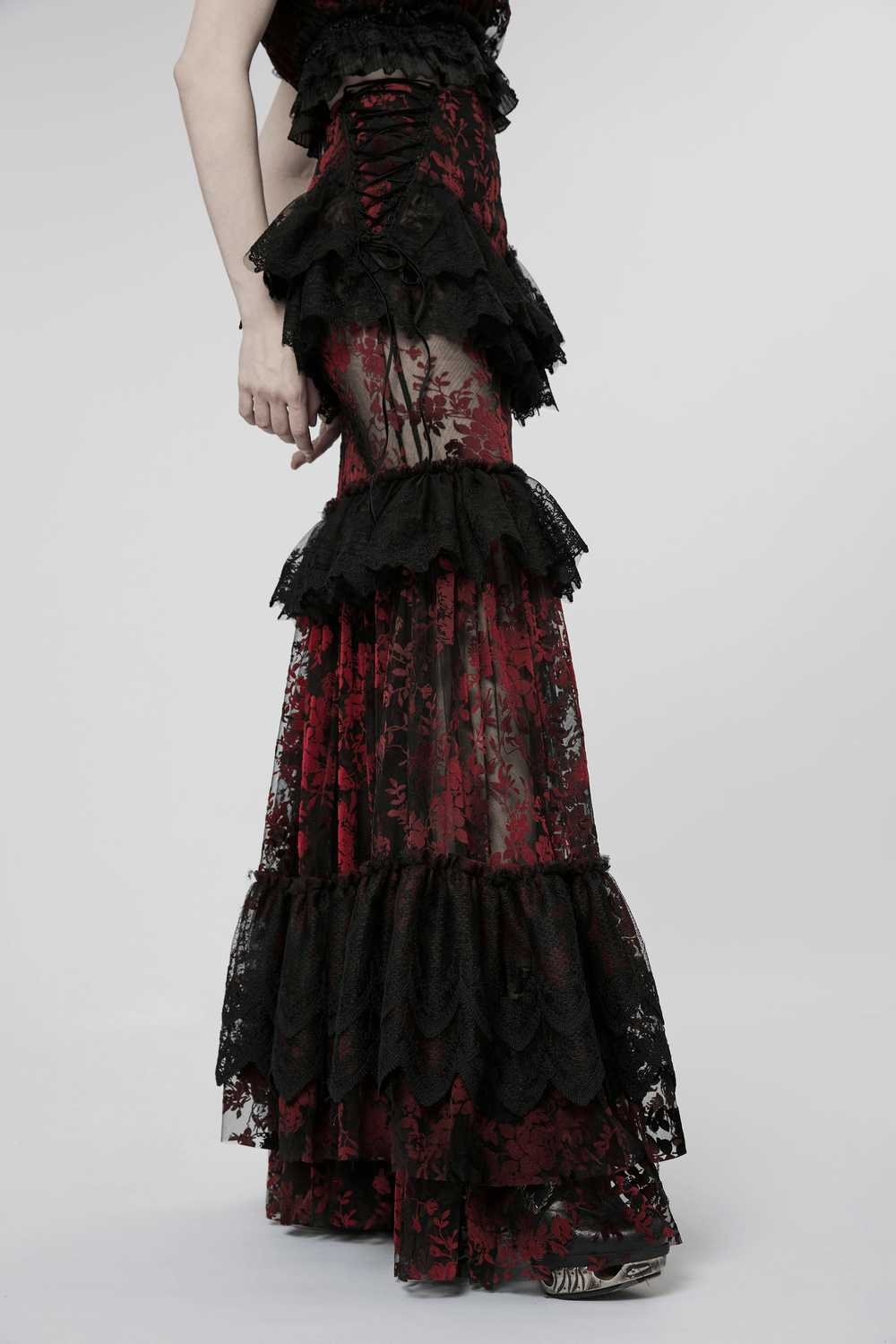 Floral Gothic Layered Lace Fishtail Skirt in striking red and black, showcasing intricate lace design and luxurious silhouette.
