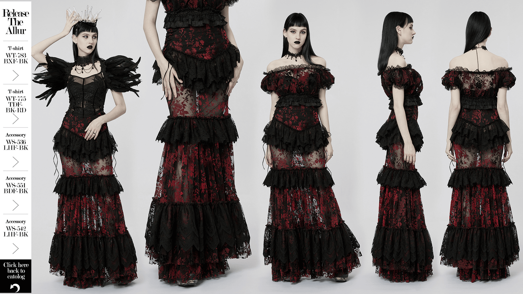 Gothic red lace fishtail skirt with ruffled layers, showcased from multiple angles by a model.
