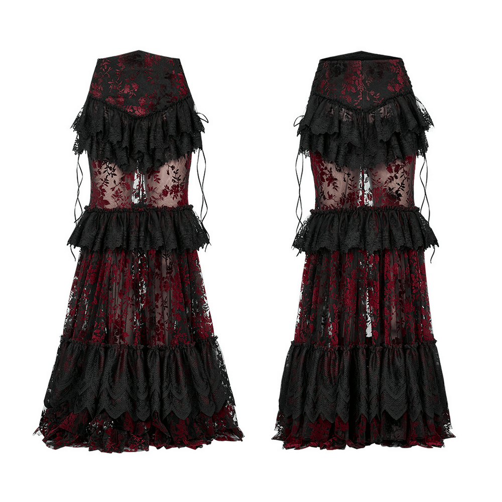 Floral Gothic layered lace fishtail skirt in black and red, showcasing exquisite ruffles and a slim-fit hip design.