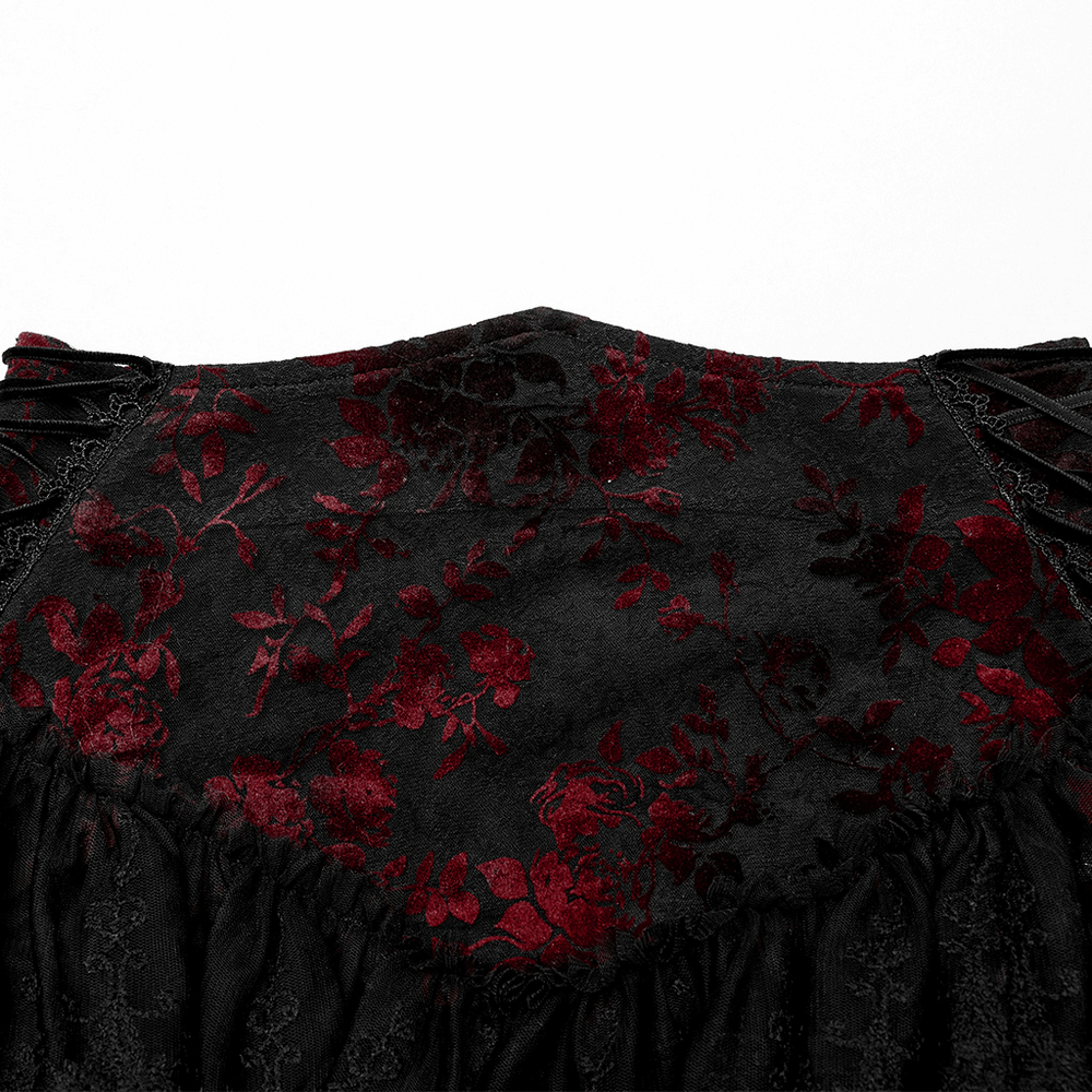 Close-up of the Floral Gothic Layered Lace Fishtail Skirt with rich red and black floral design.