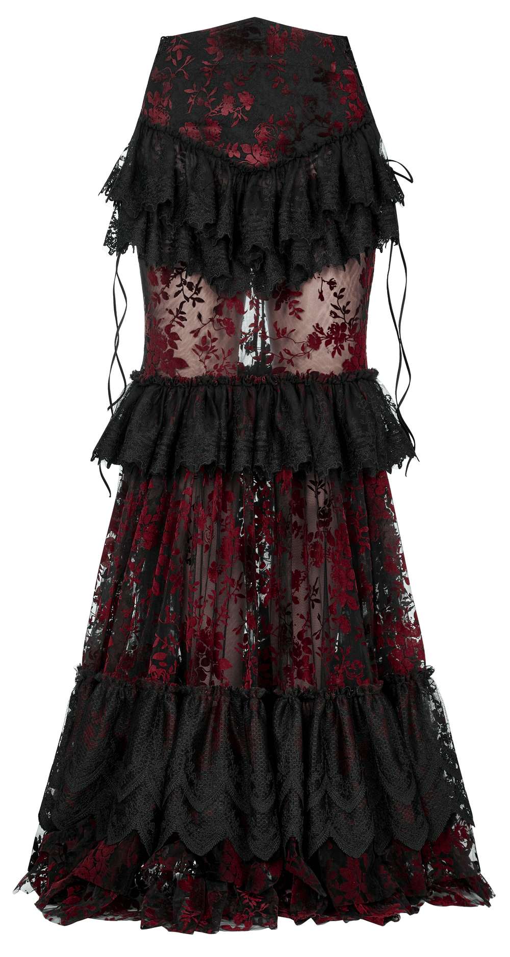 Floral Gothic Layered Lace Fishtail Skirt in red and black, featuring stunning ruffles and romantic design details.