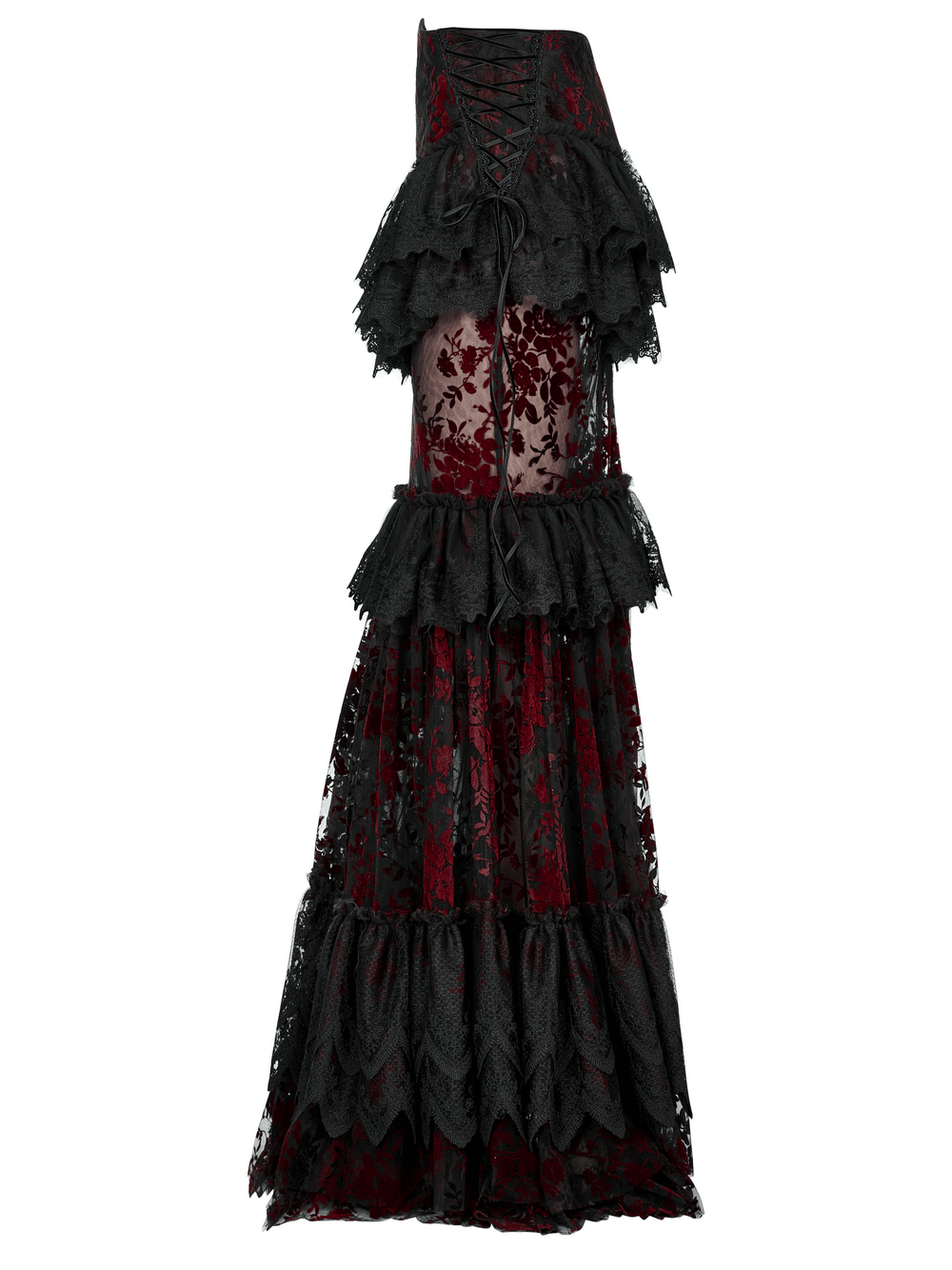 Floral Gothic Layered Lace Fishtail Skirt in red and black, featuring luxurious lace and a dramatic silhouette.