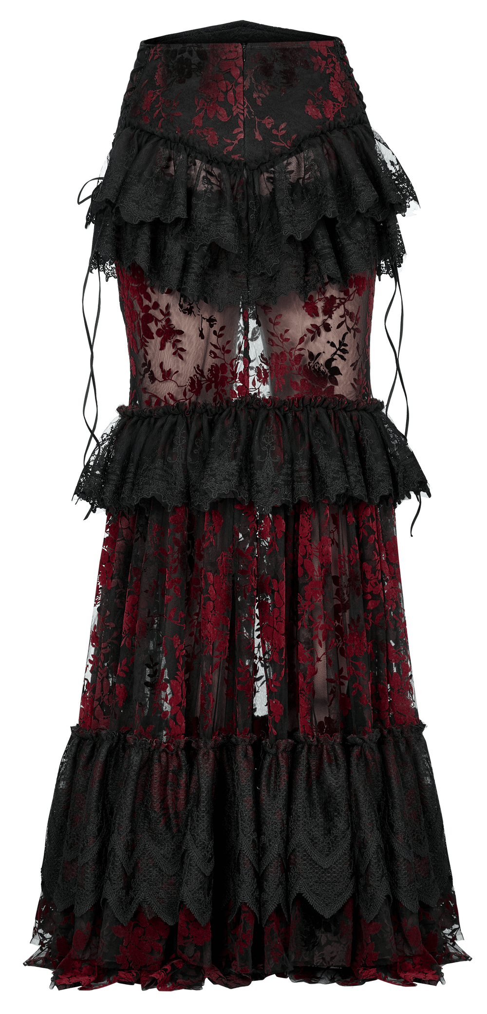 Floral Gothic layered lace fishtail skirt in red and black, featuring tiered lace and a slim fit design.