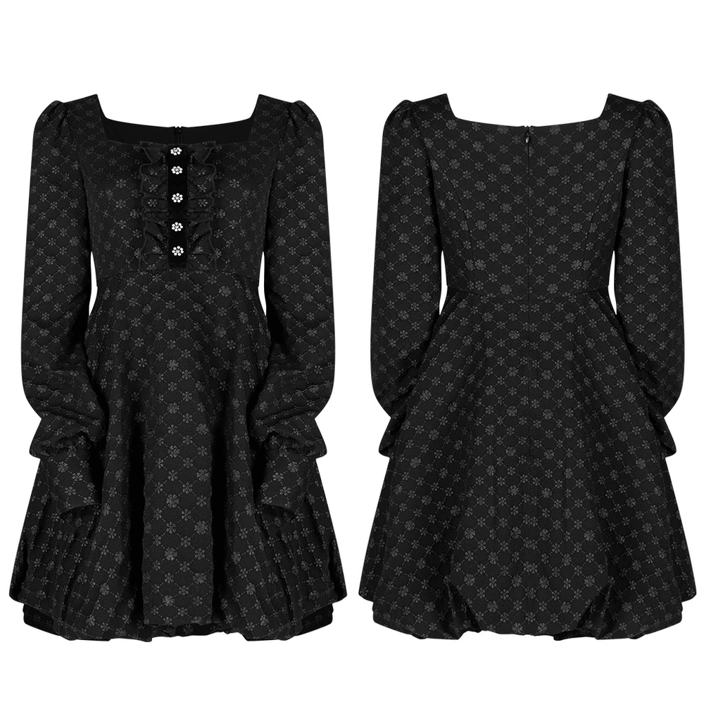 Floral Jacquard Square-Neck Dress with pearl detail, featuring long sleeves and playful pleats.