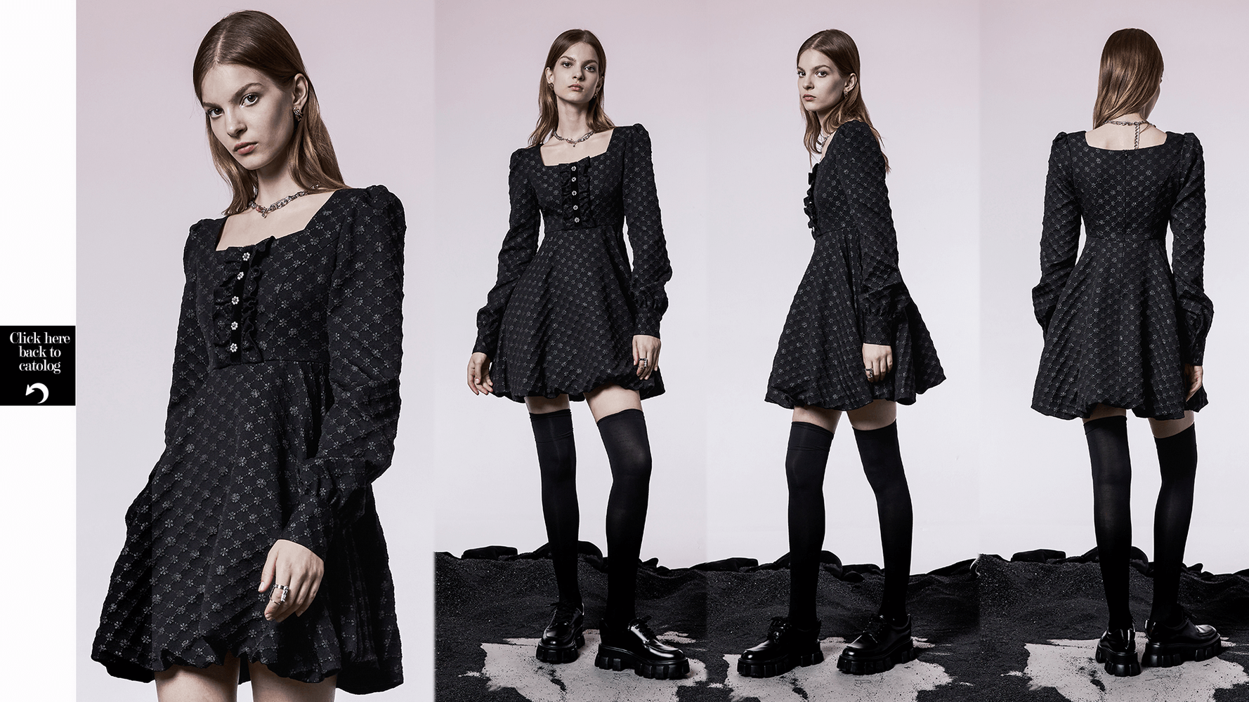 Model wearing a black floral jacquard square-neck dress with puff sleeves and stylish boots.